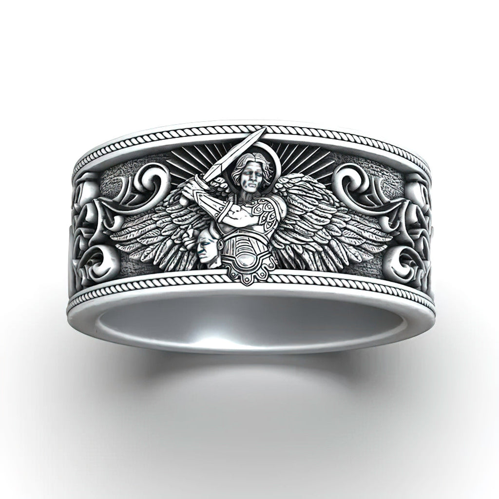 S925K Silver Archangel Michael Ring | Sacred Protection and Baroque Rococo Style Engravings