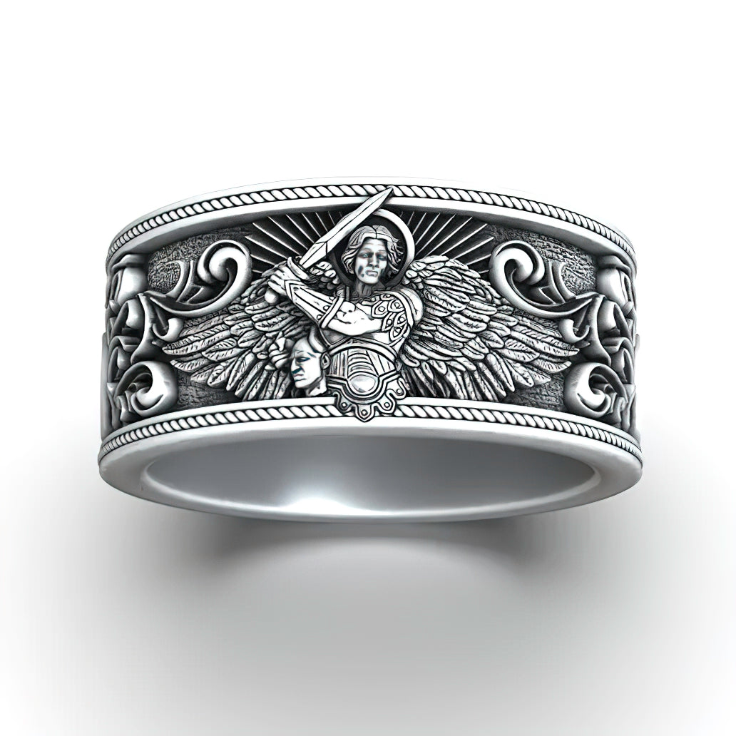 S925K Silver Archangel Michael Ring | Sacred Protection and Baroque Rococo Style Engravings