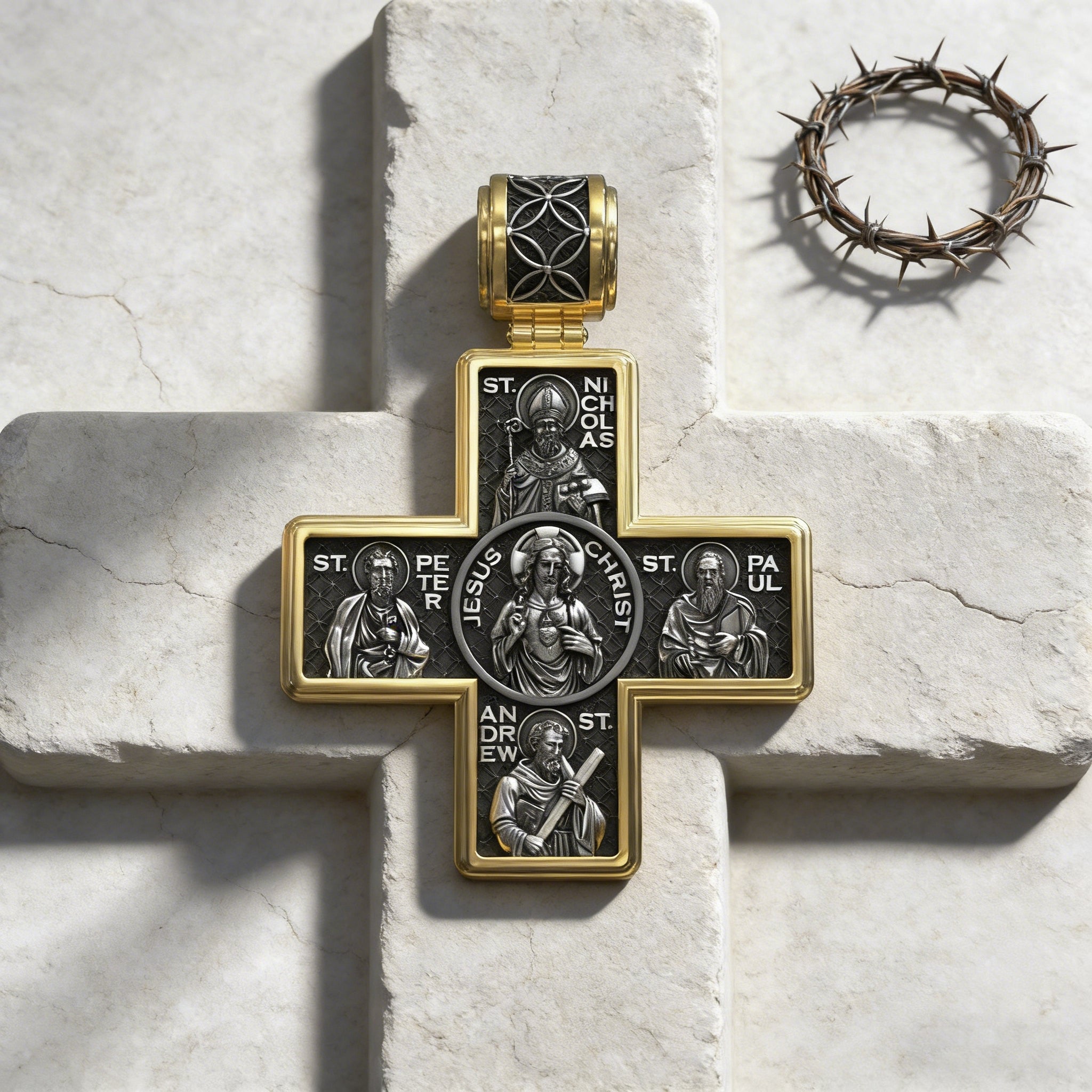 Double-Sided S925K Sterling Silver Sacred Heart and Saint Cross Pendant—Your Daily Spiritual Companion