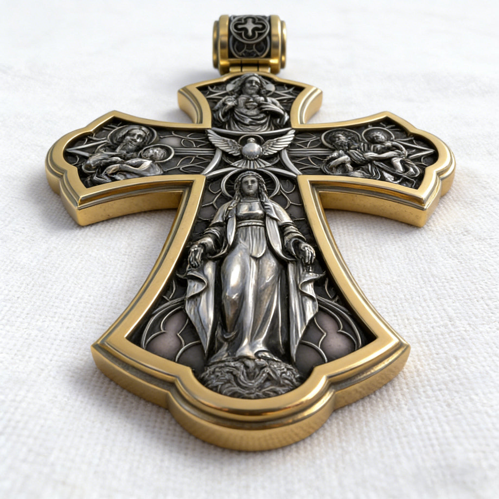 Holy Family of Mary Sacred Heart of Jesus IHS Double-Sided S925 Sterling Silver Cross