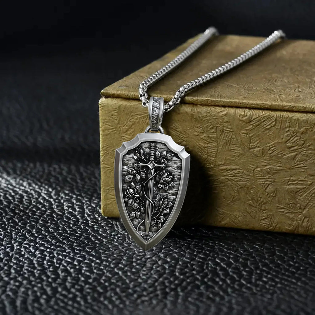S925K Silver Necklace Sword and Shield Rose: Embedded Shield of Faith
