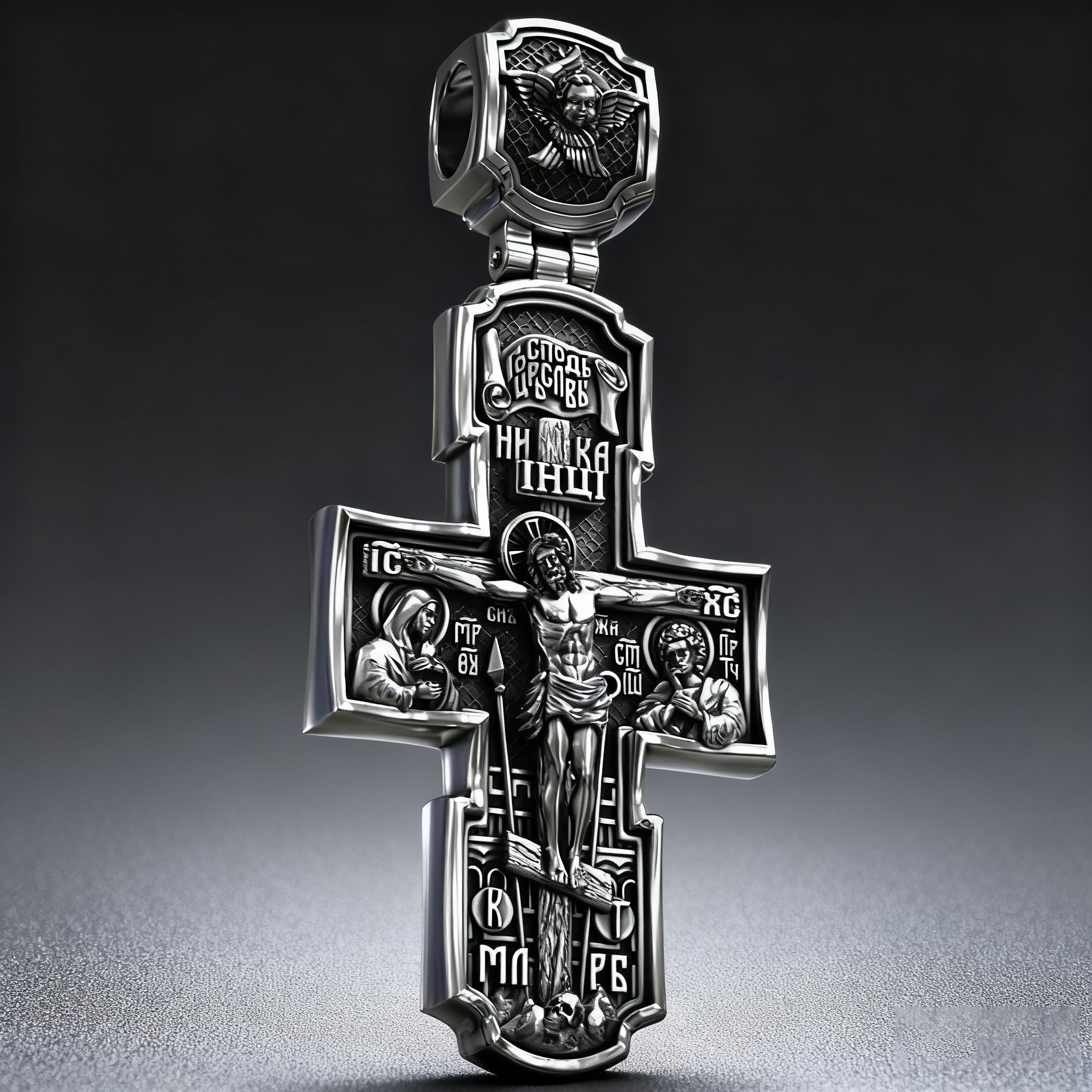 Orthodox S925K Silver Double-Sided Engraved Jesus Christ Crucified and Saints Orthodox Necklace
