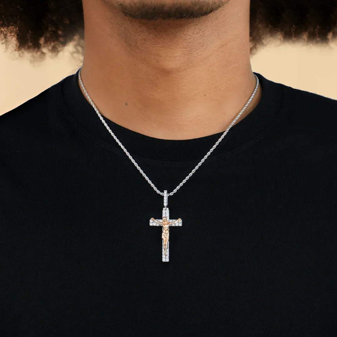 Artisan-Carved Copper Jesus Cross Pendant - Moissanite-Encrusted Hip Hop Religious Necklace