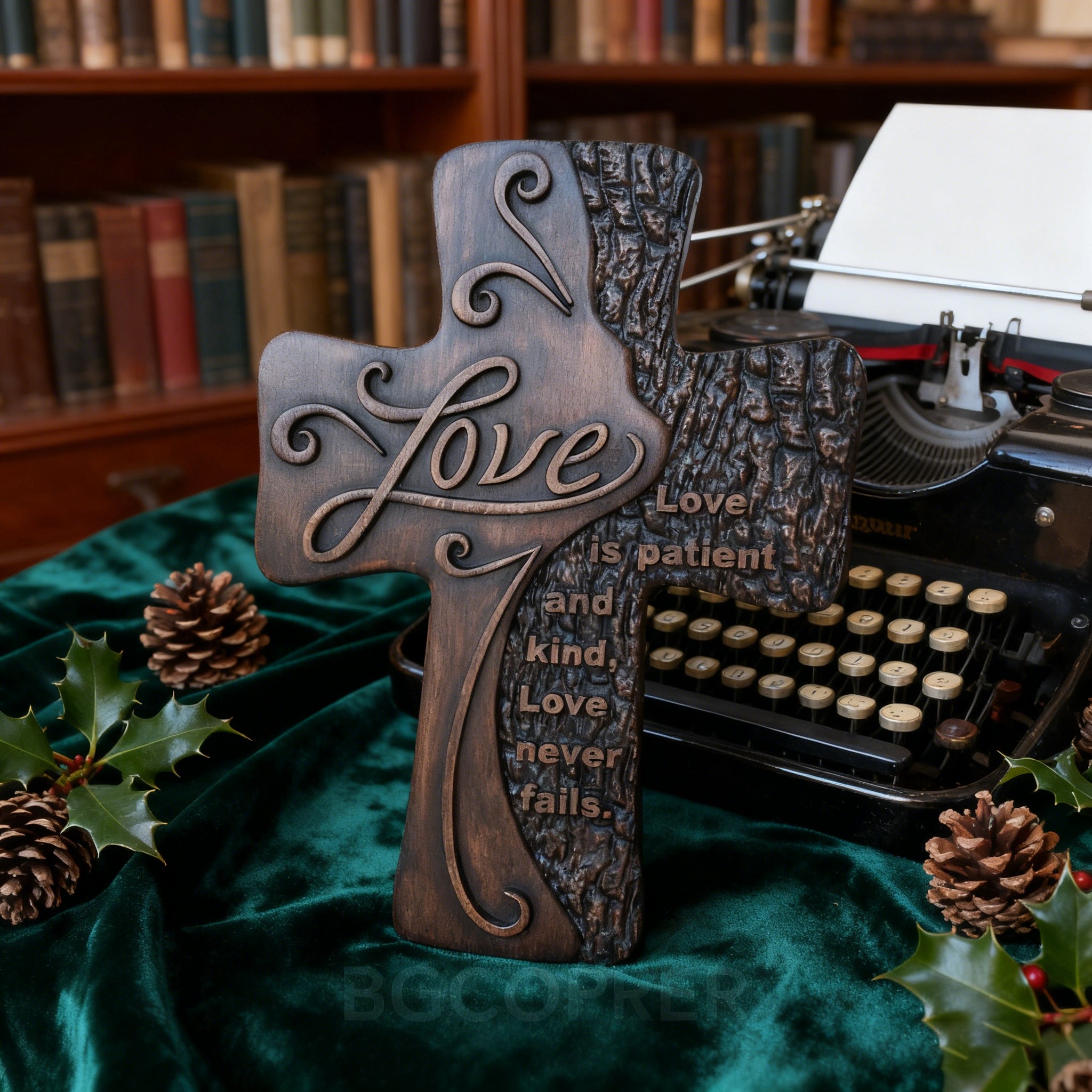 Ornate "Love" "Faith" "Hope" Wooden Cross, Solid Wood Cross