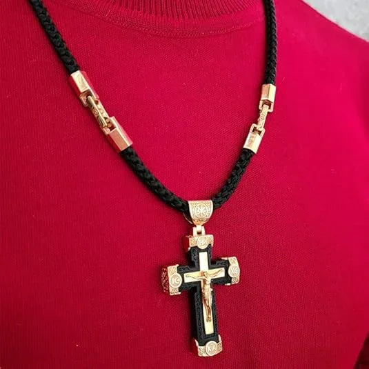Gold-colored Braided Leather Cord Crucifix Necklace