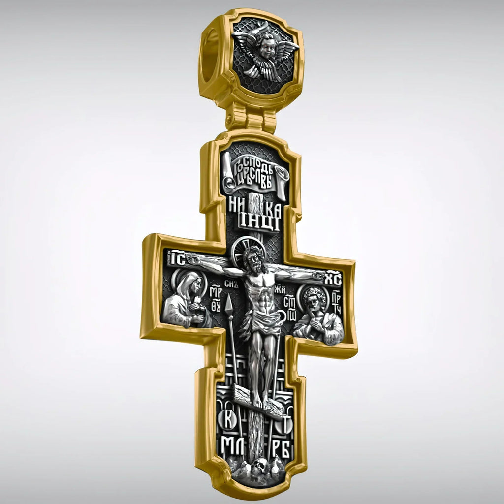 Orthodox S925K Silver Double-Sided Engraved Jesus Christ Crucified and Saints Orthodox Necklace