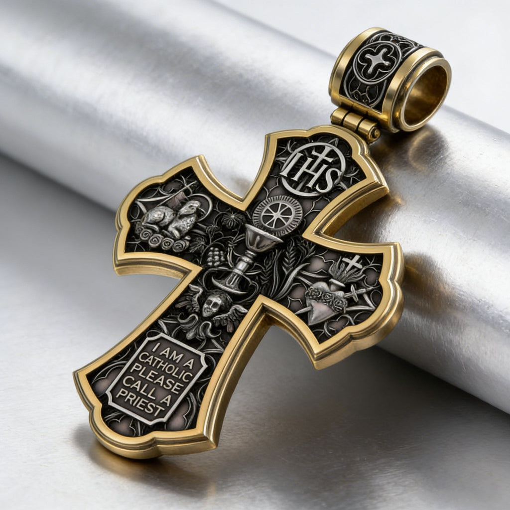Holy Family of Mary Sacred Heart of Jesus IHS Double-Sided S925 Sterling Silver Cross