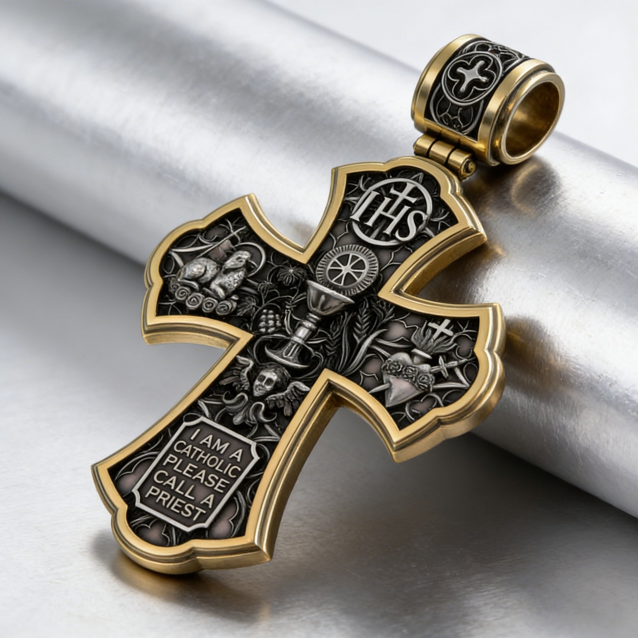 Holy Family of Mary Sacred Heart of Jesus IHS Double-Sided S925 Sterling Silver Cross