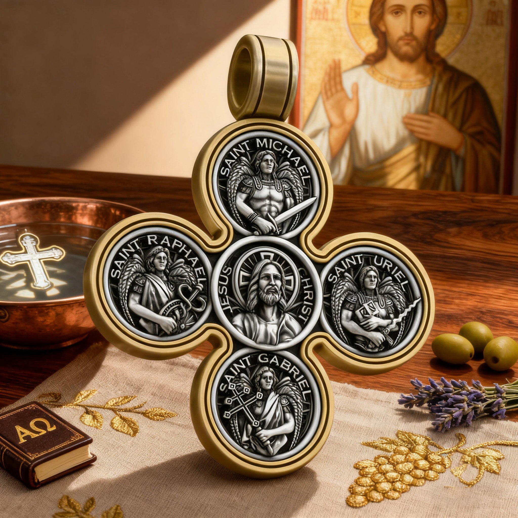 Baroque Style Crucifix Pendant with Jesus and the Four Archangels – A Symbol of Faith and Divine Protection