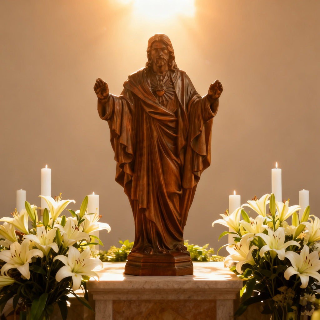 Hand Carved Sacred Heart of Jesus Virgin Mary Wooden Tabletop Ornament