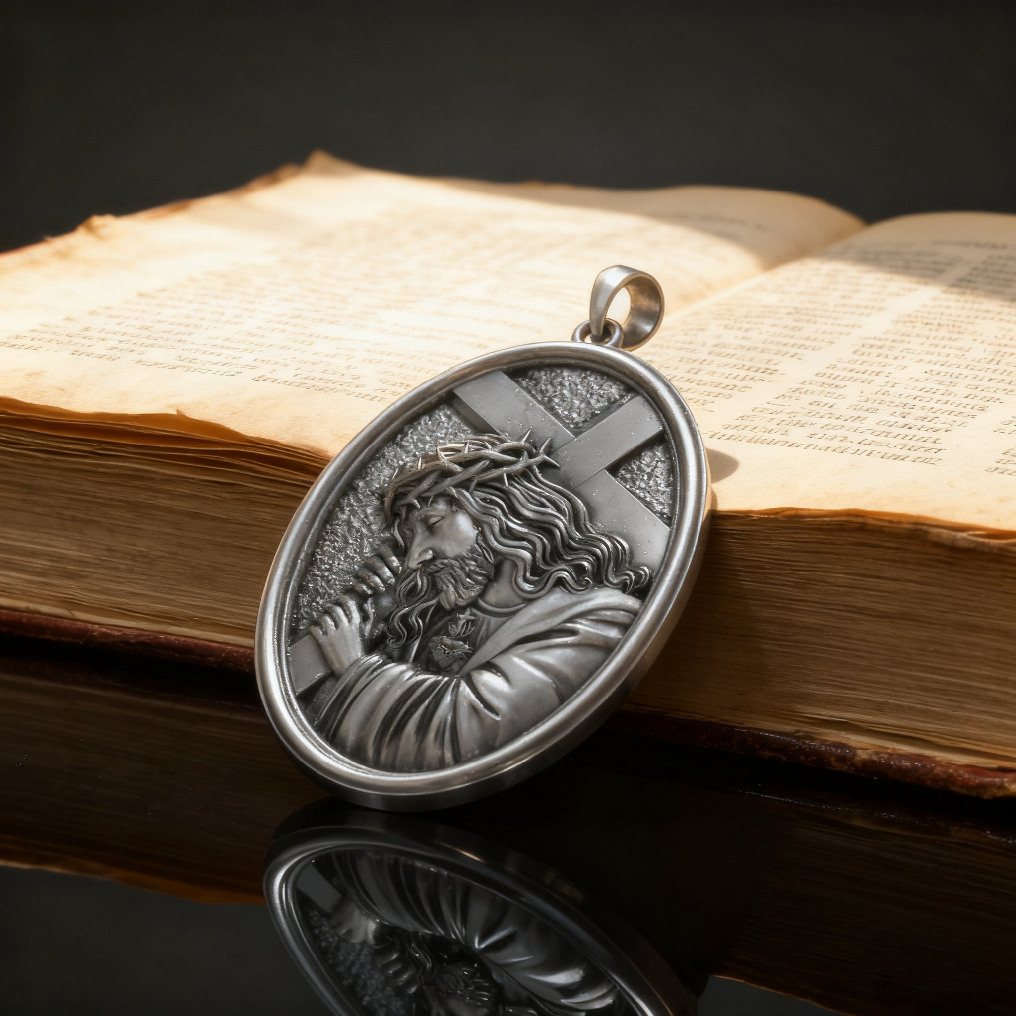 Divine Grace: Jesus Carrying the Cross with Sacred Heart S925 Sterling Silver Pendant Necklace