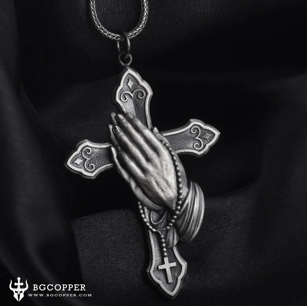 Pure Tin Praying Hand and Crucifix Pendant Necklace