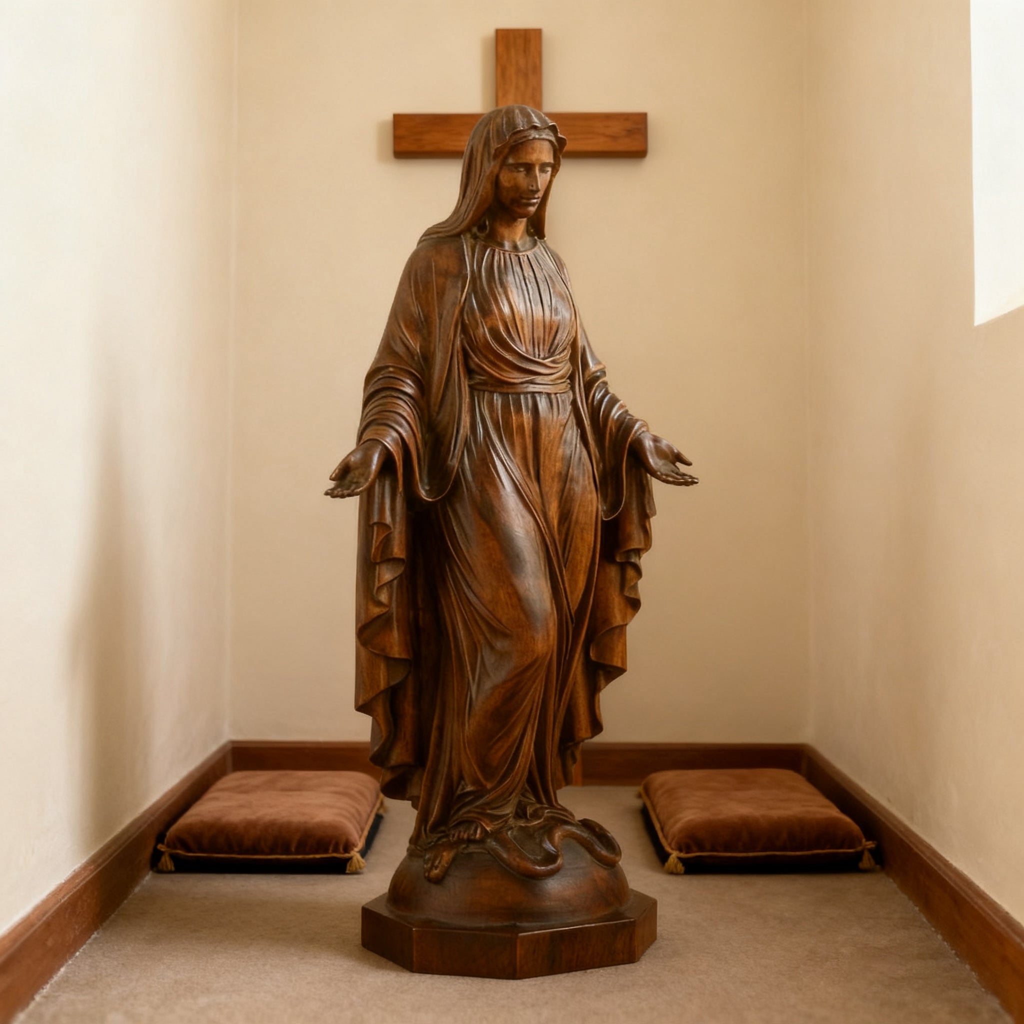 Hand Carved Sacred Heart of Jesus Virgin Mary Wooden Tabletop Ornament