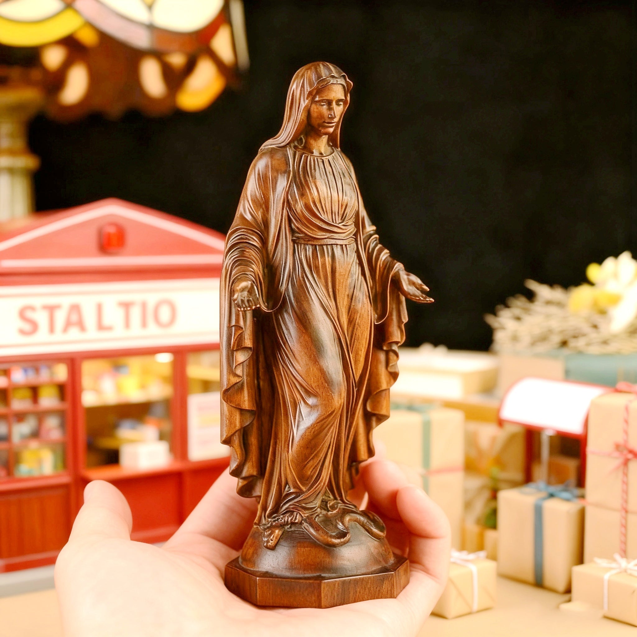 Hand Carved Sacred Heart of Jesus Virgin Mary Wooden Tabletop Ornament