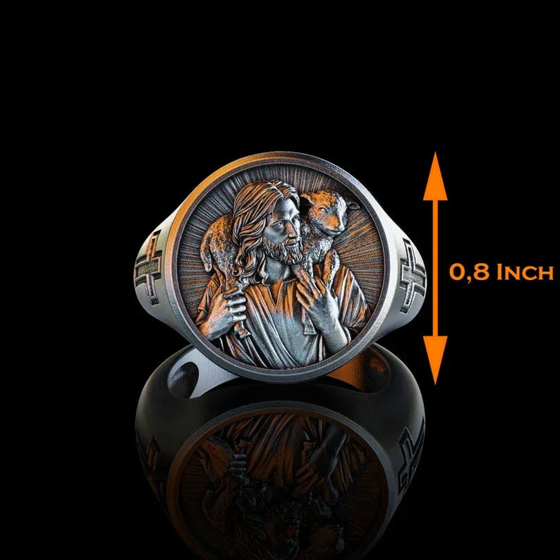Steel and Titanium Jesus Shepherd Ring