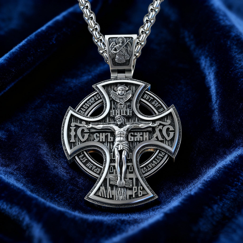 Double Sided 925 Sterling Silver Religious Pendant - Crucifixion of Christ & St. Michael Medal - Choose from 5 Chain Styles - Free Polishing Cloth