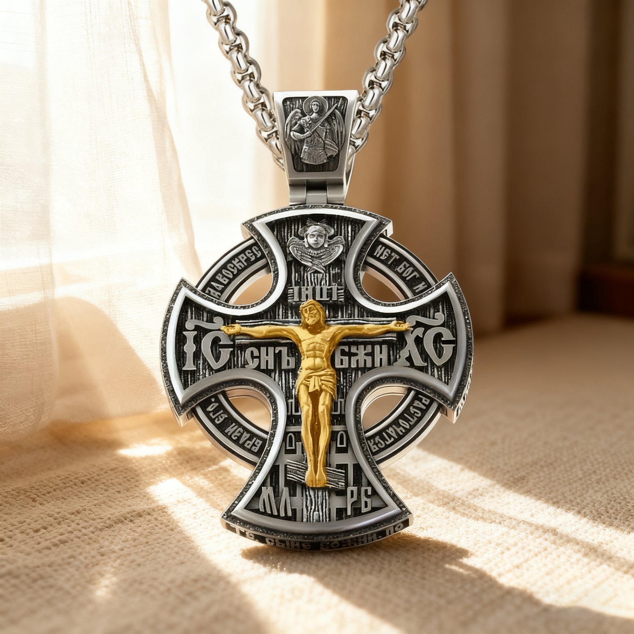 Double Sided 925 Sterling Silver Religious Pendant - Crucifixion of Christ & St. Michael Medal - Choose from 5 Chain Styles - Free Polishing Cloth