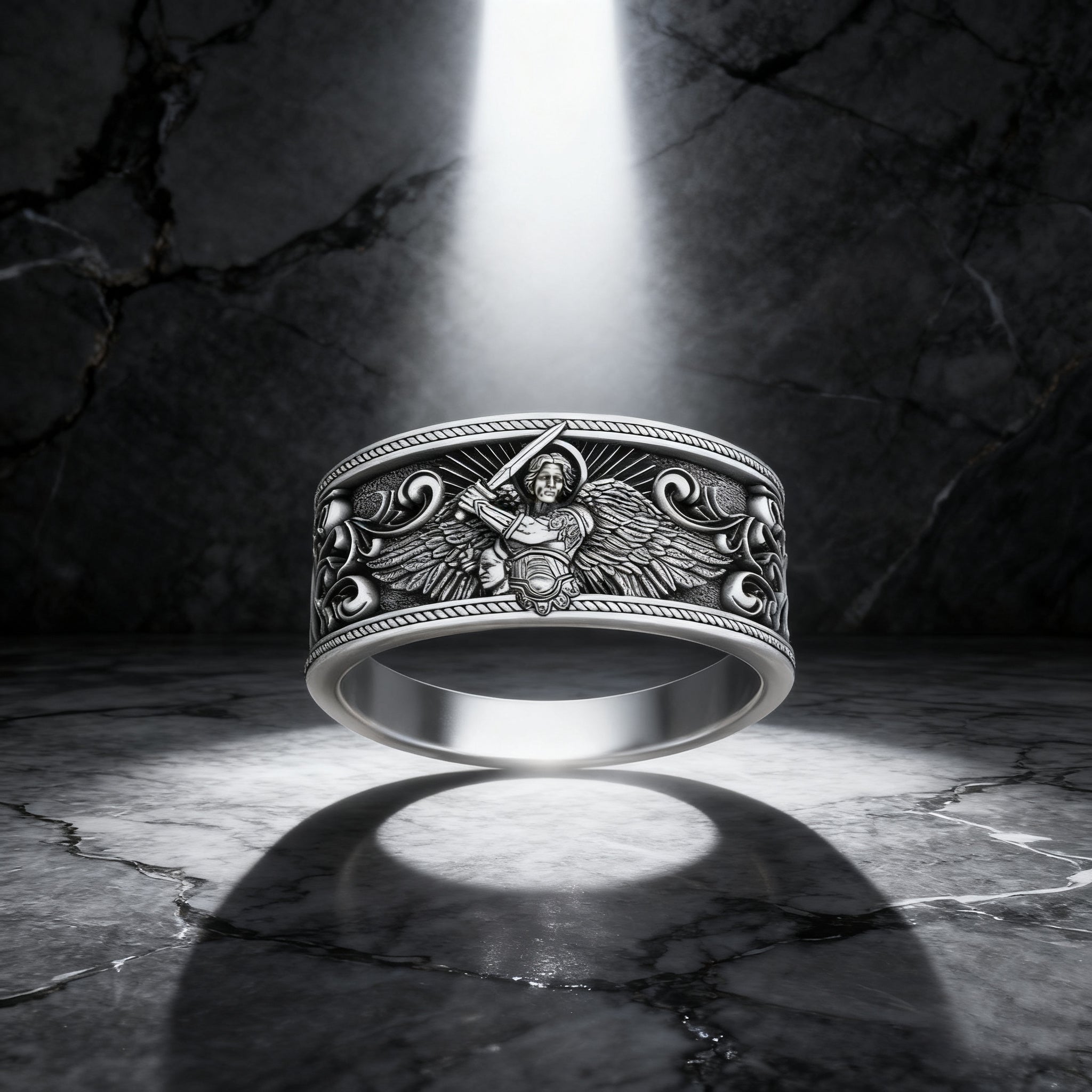 S925K Silver Archangel Michael Ring | Sacred Protection and Baroque Rococo Style Engravings