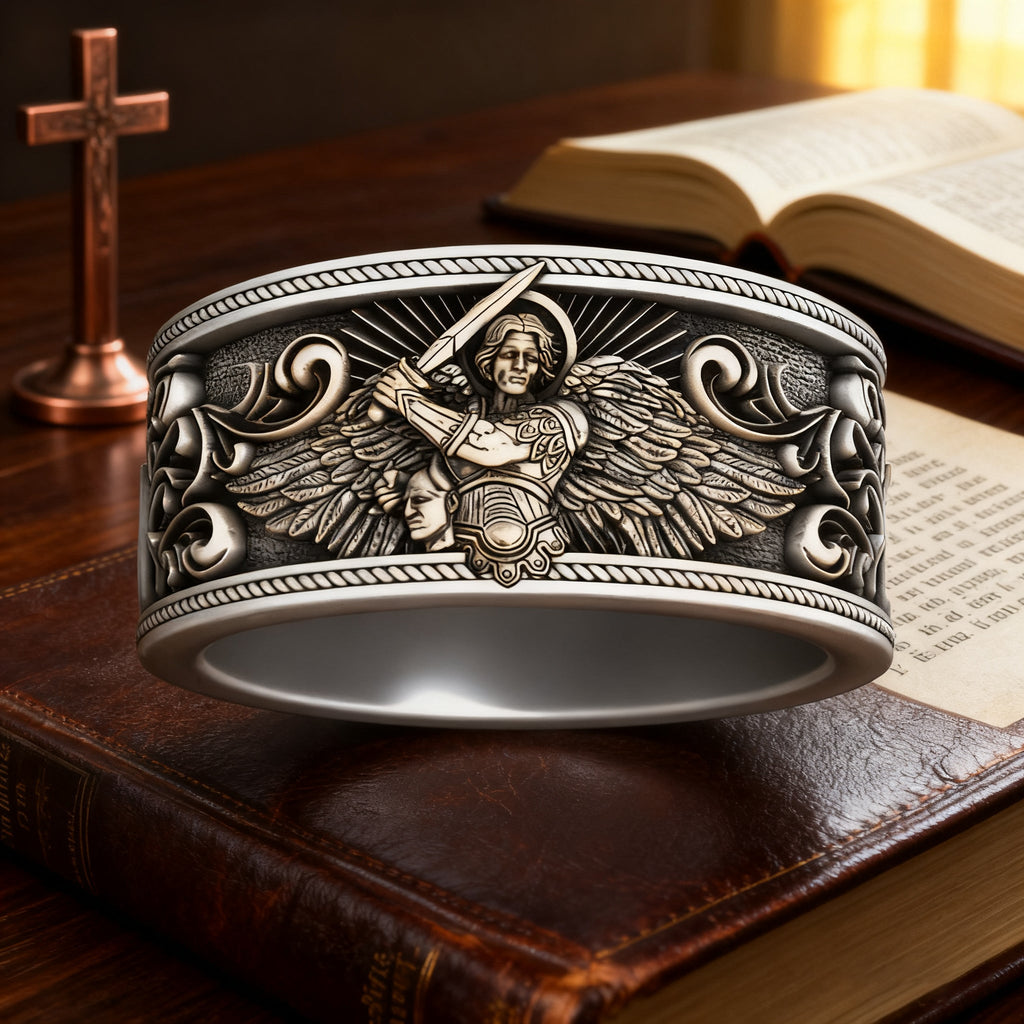 S925K Silver Archangel Michael Ring | Sacred Protection and Baroque Rococo Style Engravings