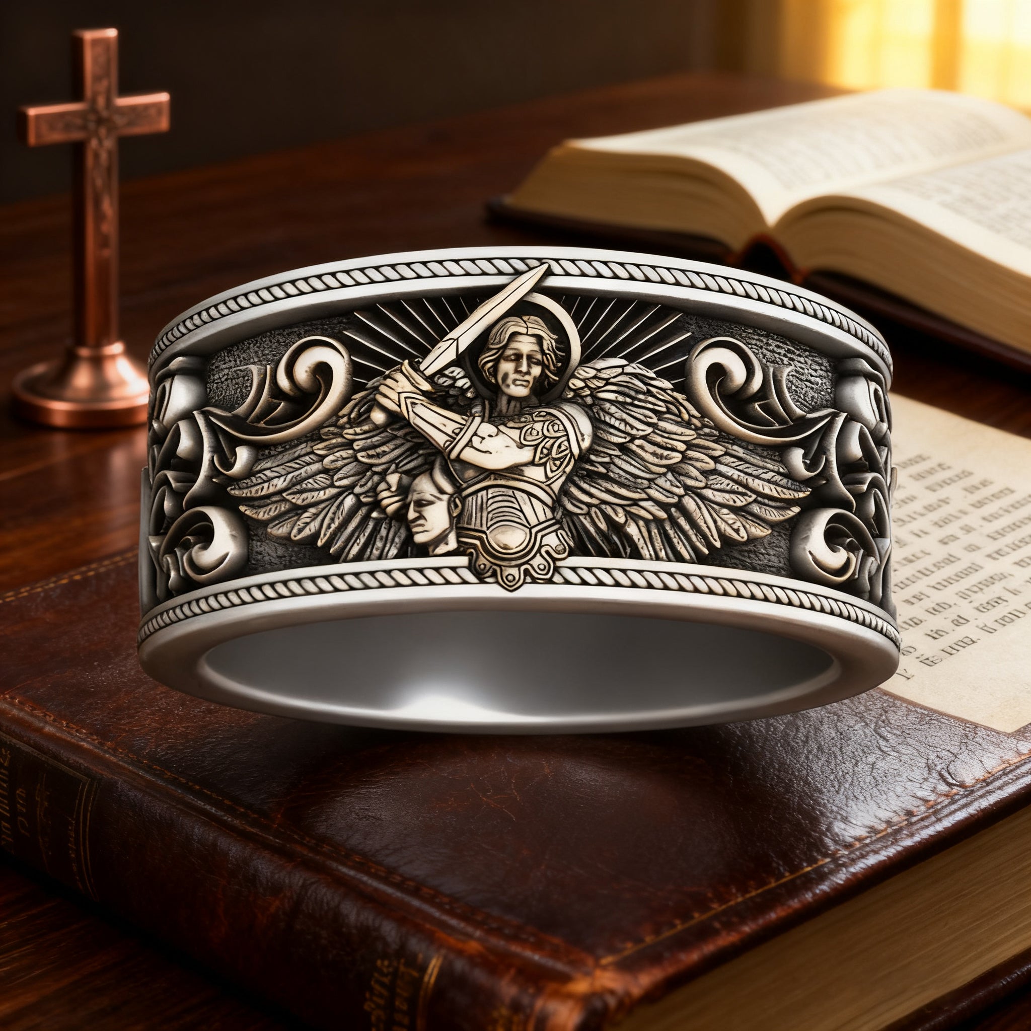 S925K Silver Archangel Michael Ring | Sacred Protection and Baroque Rococo Style Engravings