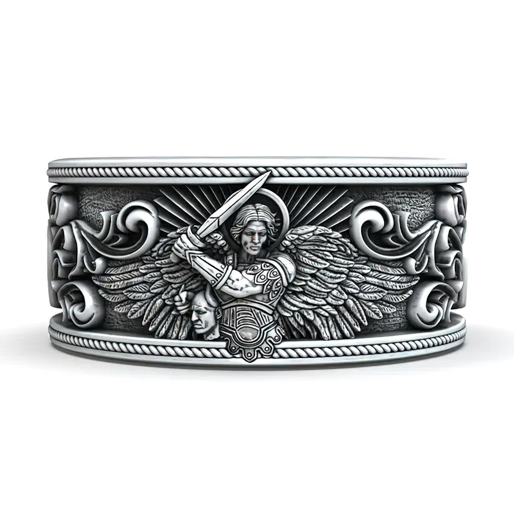 S925K Silver Archangel Michael Ring | Sacred Protection and Baroque Rococo Style Engravings