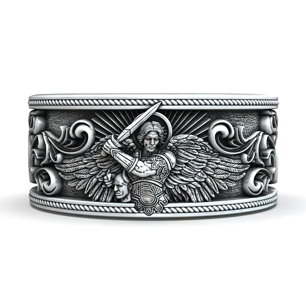 S925K Silver Archangel Michael Ring | Sacred Protection and Baroque Rococo Style Engravings