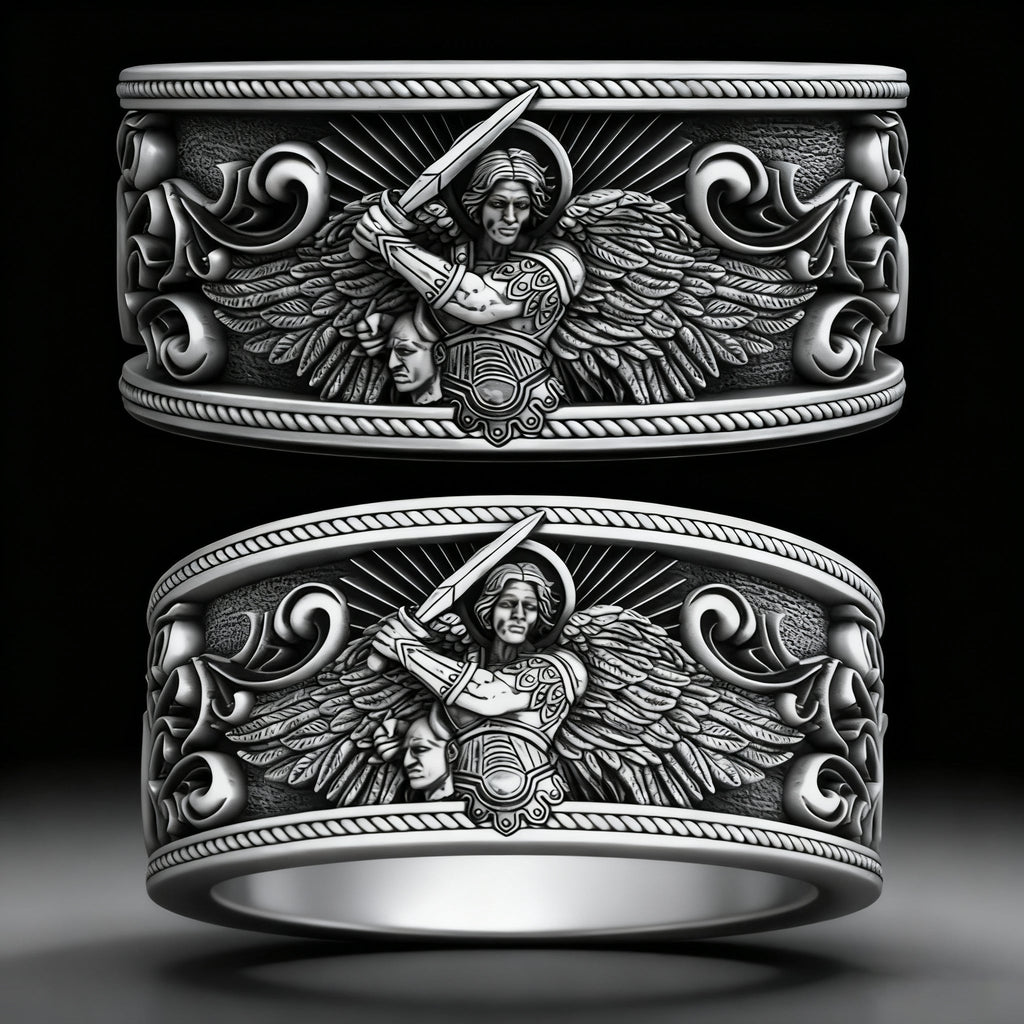 S925K Silver Archangel Michael Ring | Sacred Protection and Baroque Rococo Style Engravings