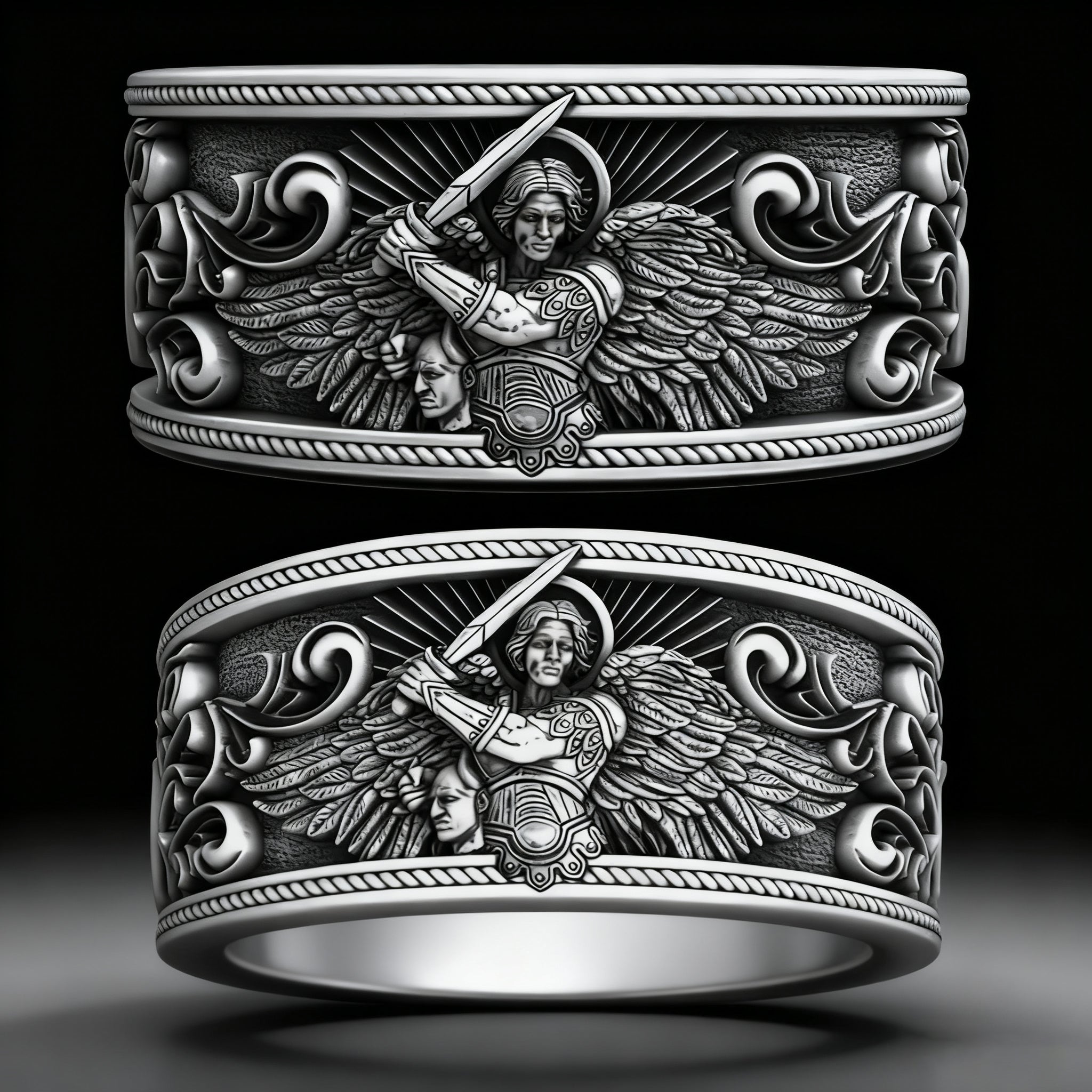 S925K Silver Archangel Michael Ring | Sacred Protection and Baroque Rococo Style Engravings