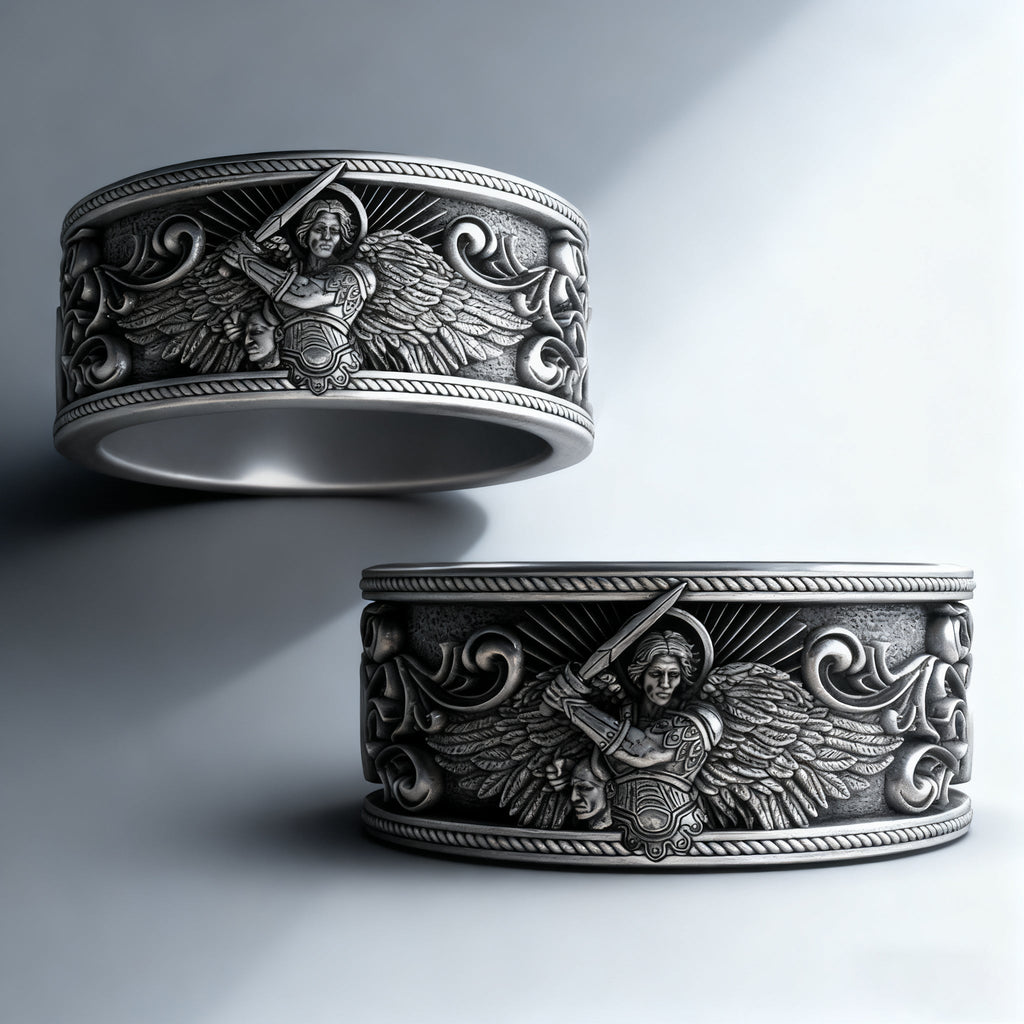 S925K Silver Archangel Michael Ring | Sacred Protection and Baroque Rococo Style Engravings