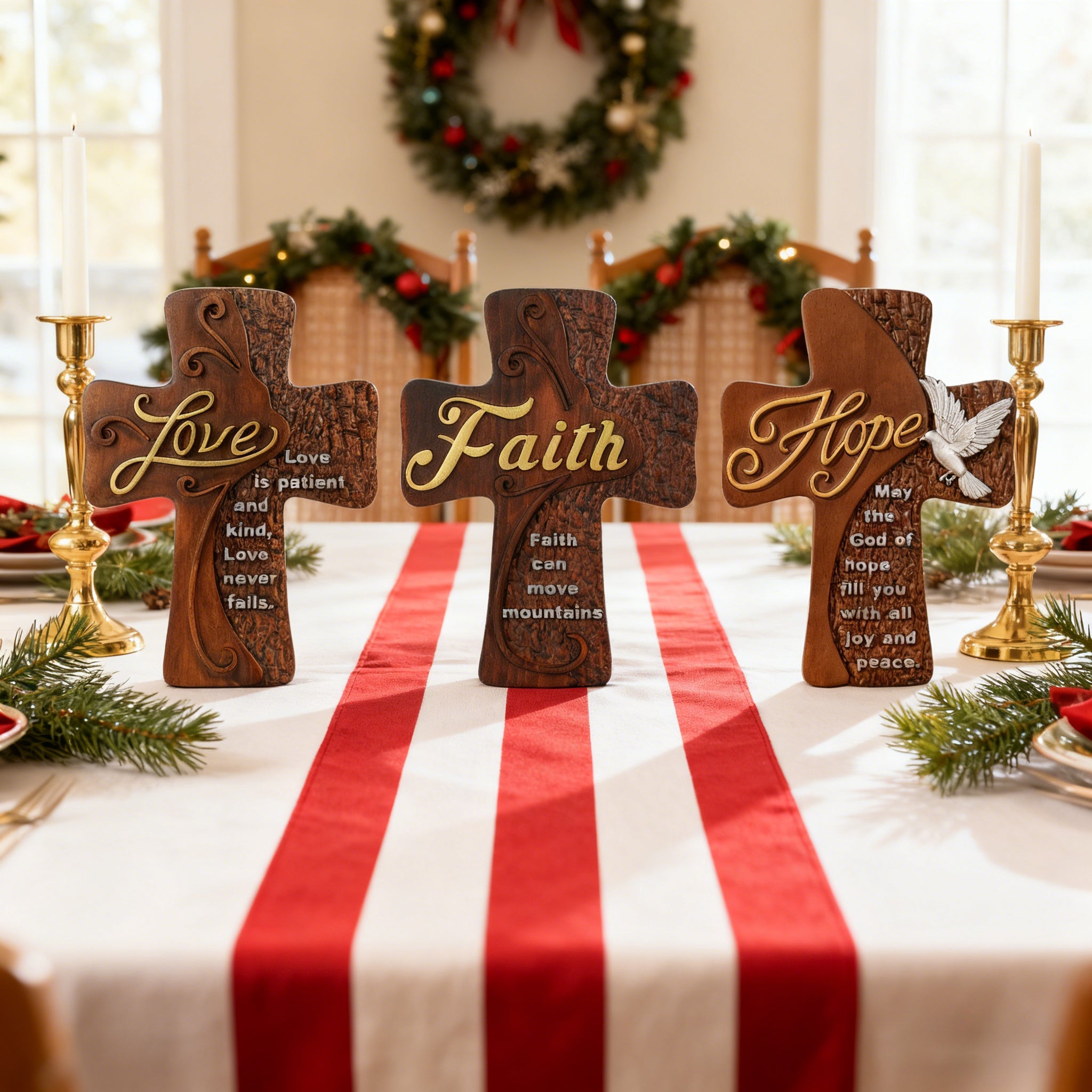 Ornate "Love" "Faith" "Hope" Wooden Cross, Solid Wood Cross