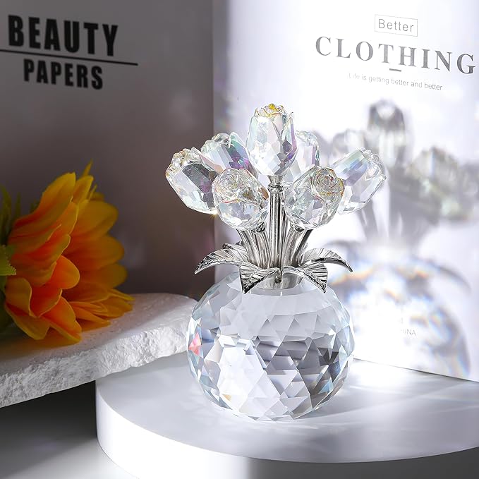 🔥Last Day 50% OFF - ❤️🌹Crystal Colorful Rose Flower Collectible Figurine with Vase💋