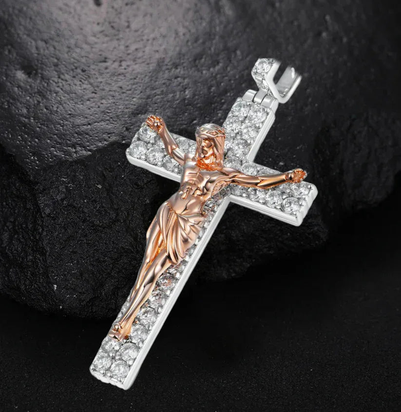 Artisan-Carved Copper Jesus Cross Pendant - Moissanite-Encrusted Hip Hop Religious Necklace
