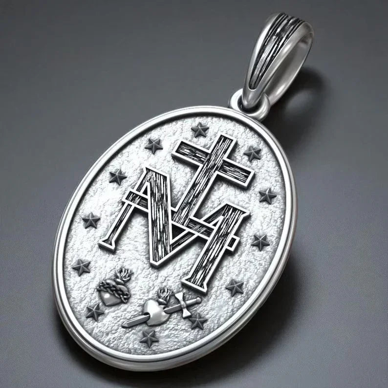 S925K Silver Miracle Medal English Version Inscription Necklace