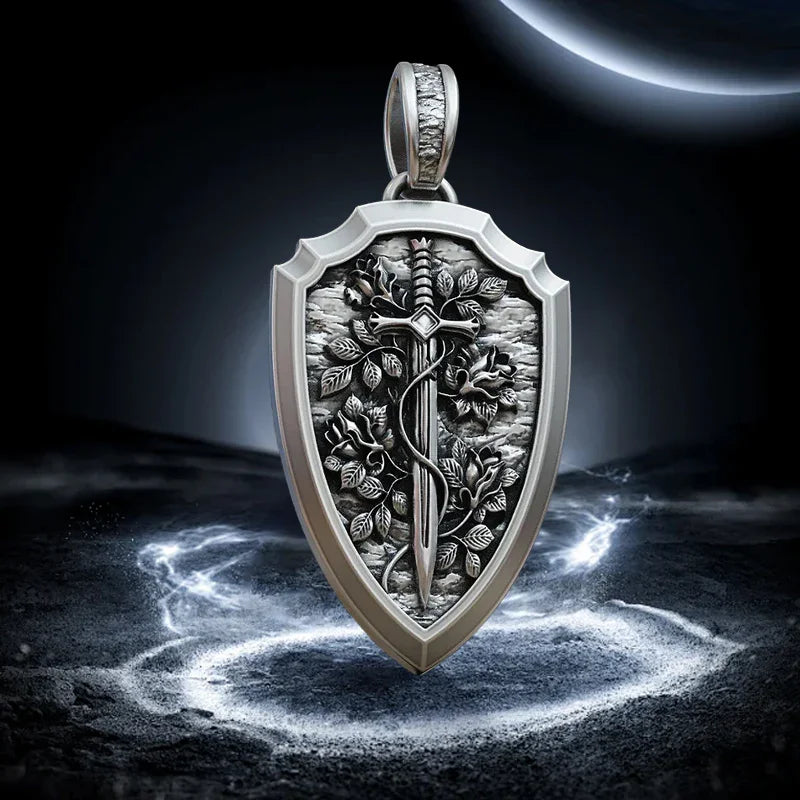 S925K Silver Necklace Sword and Shield Rose: Embedded Shield of Faith