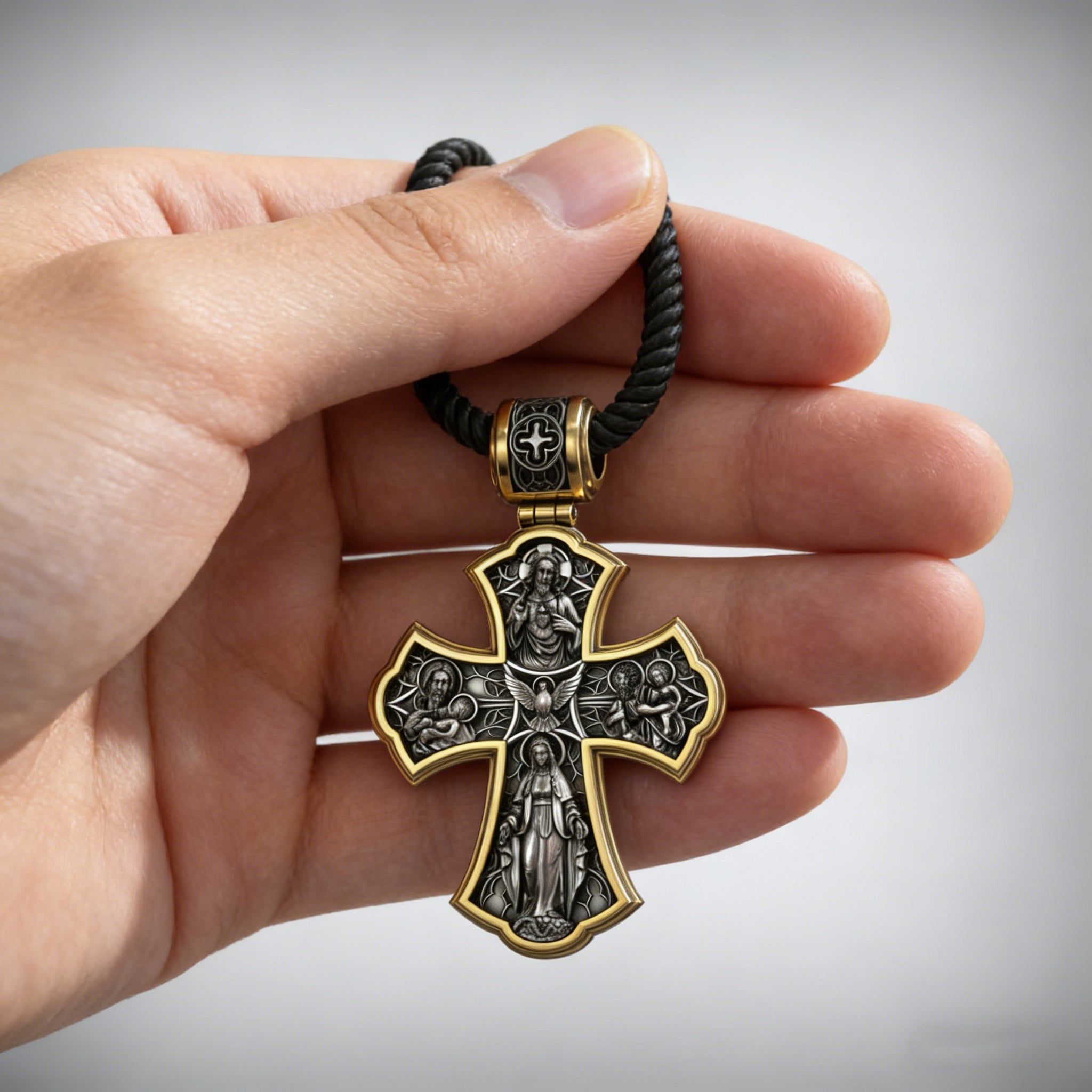 Holy Family of Mary Sacred Heart of Jesus IHS Double-Sided S925 Sterling Silver Cross