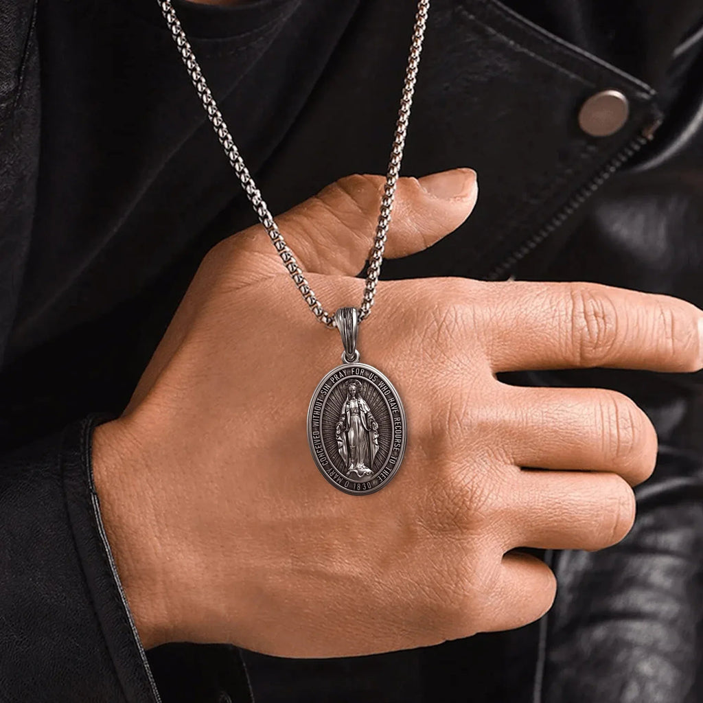 S925K Silver Miracle Medal English Version Inscription Necklace
