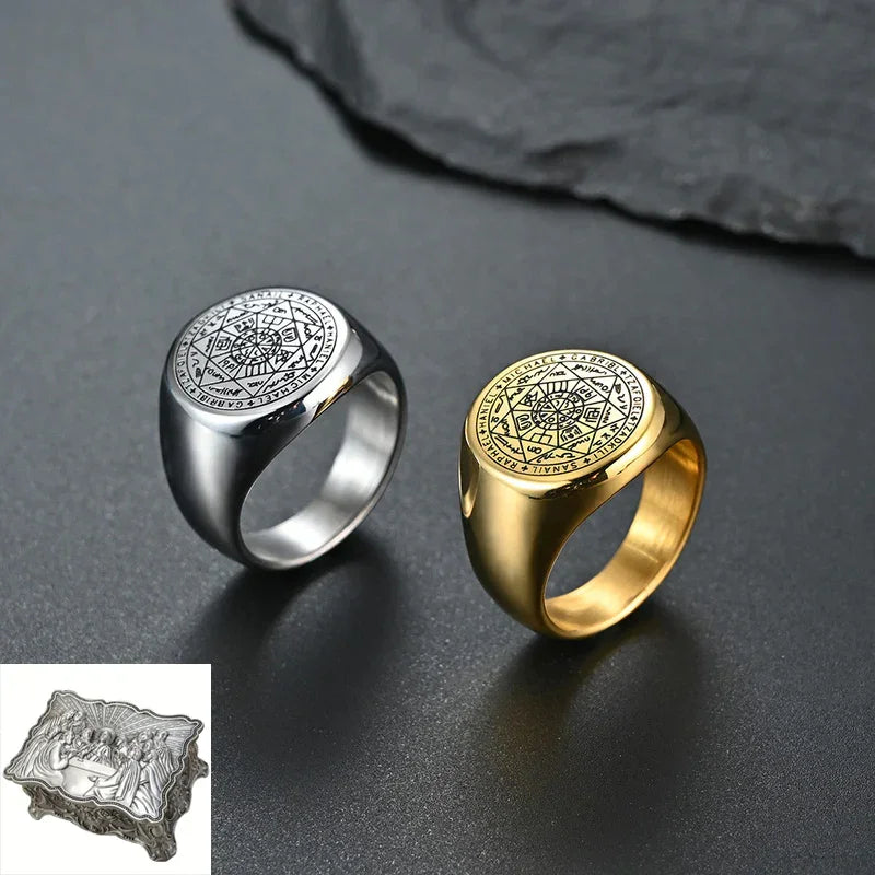 Vintage Titanium Seven Archangel Signet Ring - Amulet Against Evil Eyes, Curses, Spells