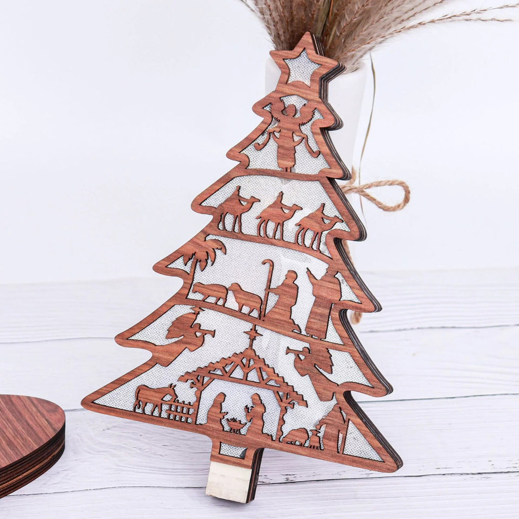 Illuminated Christmas Tree Nativity Scene Ornament with Reindeer