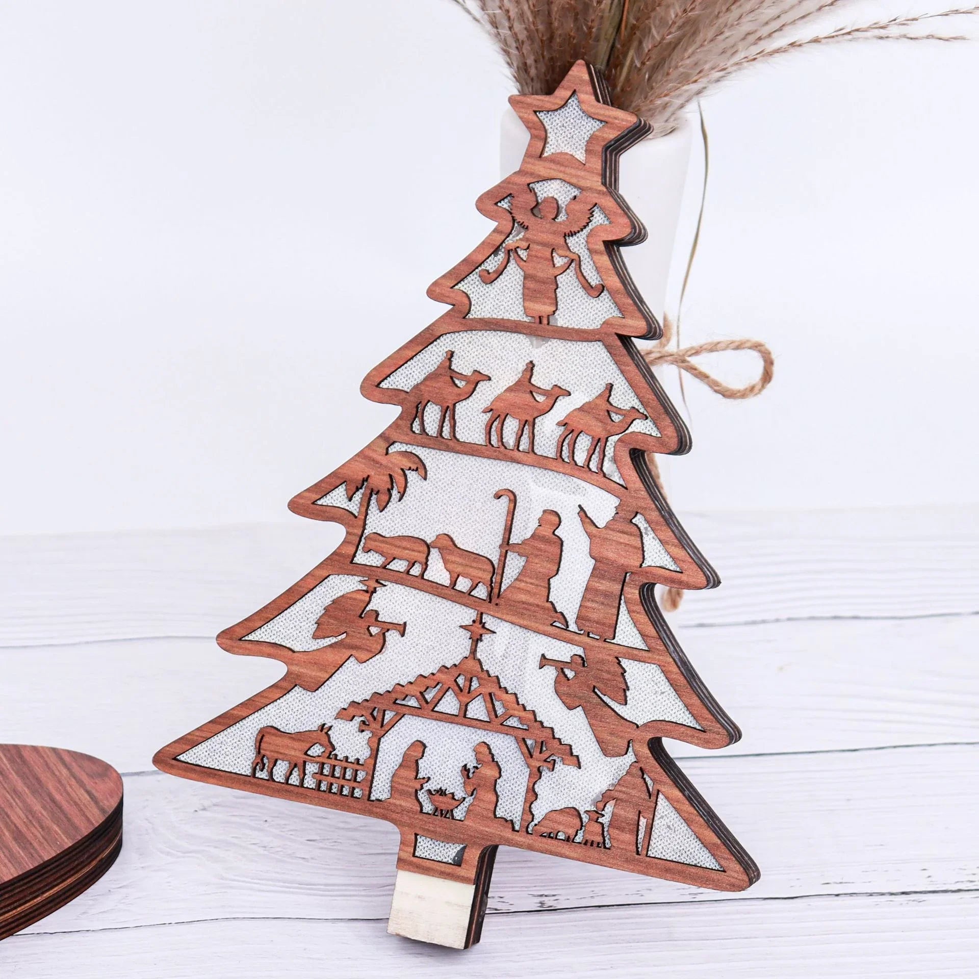 Illuminated Christmas Tree Nativity Scene Ornament with Reindeer
