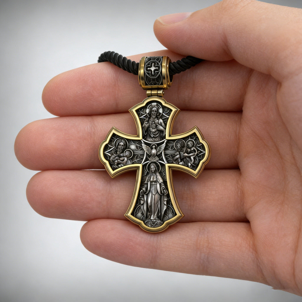 Holy Family of Mary Sacred Heart of Jesus IHS Double-Sided S925 Sterling Silver Cross