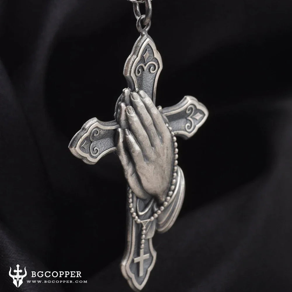 Pure Tin Praying Hand and Crucifix Pendant Necklace