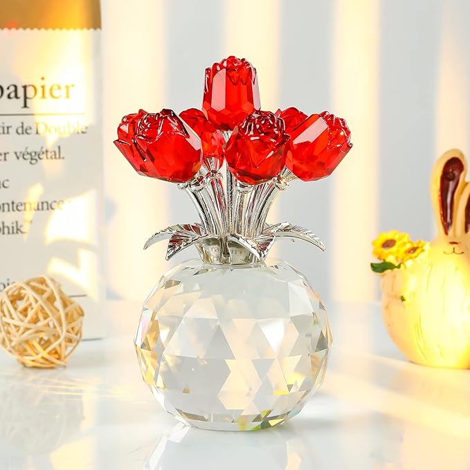 🔥Last Day 50% OFF - ❤️🌹Crystal Colorful Rose Flower Collectible Figurine with Vase💋