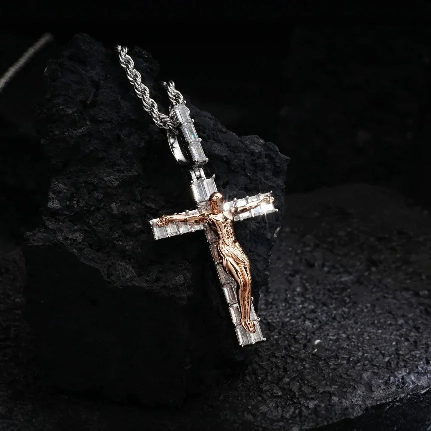 Artisan-Carved Copper Jesus Cross Pendant - Moissanite-Encrusted Hip Hop Religious Necklace