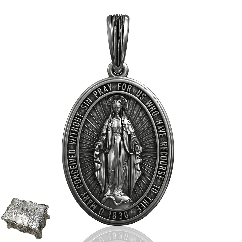 S925K Silver Miracle Medal English Version Inscription Necklace