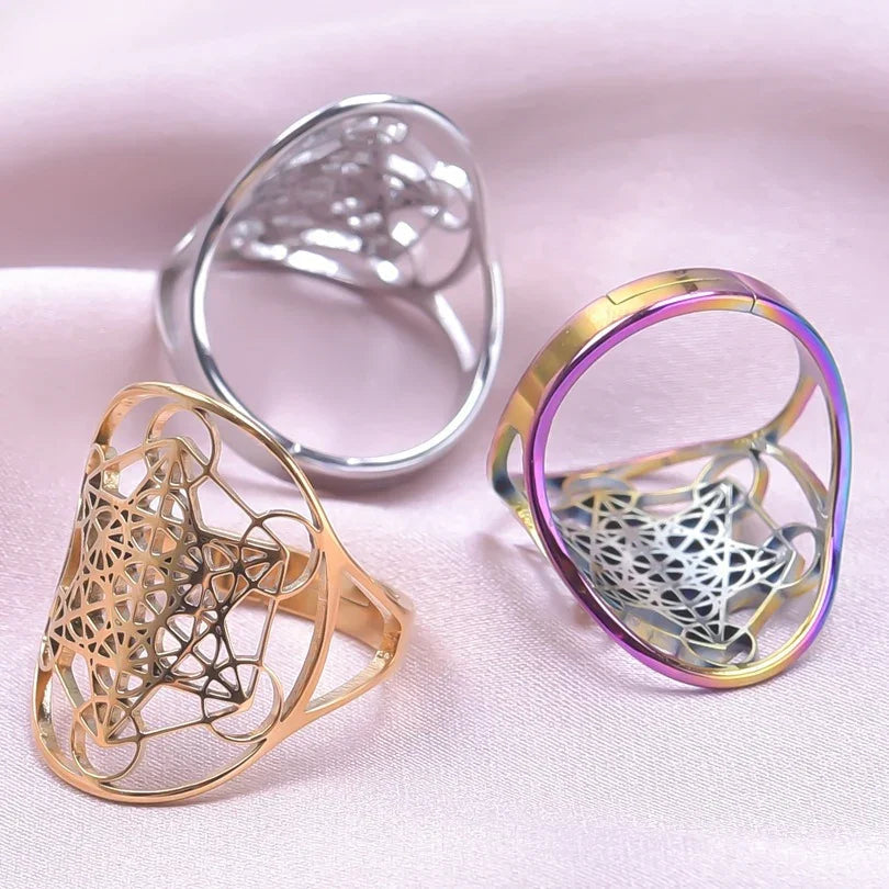 Metatron's Cube Ring Archangel Protection Women Ring Stainless Steel Jewelry