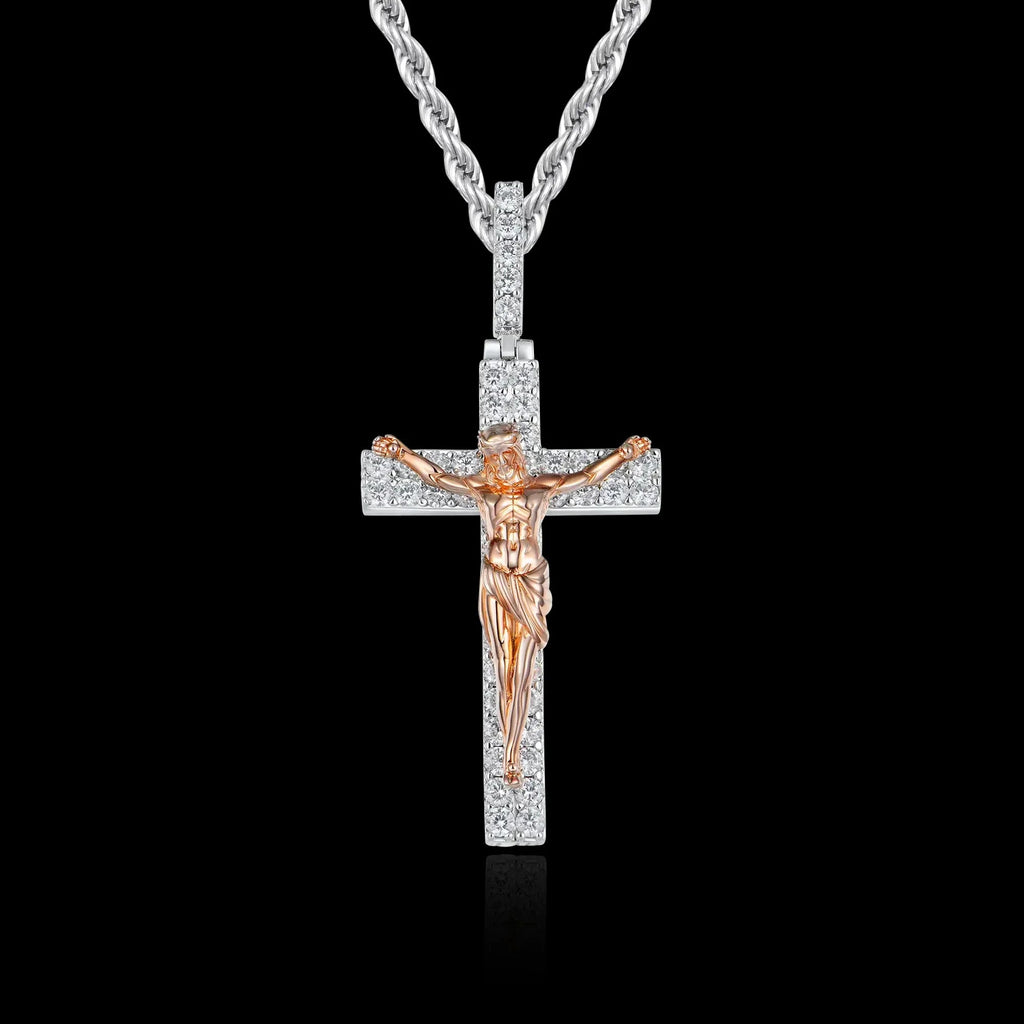 Artisan-Carved Copper Jesus Cross Pendant - Moissanite-Encrusted Hip Hop Religious Necklace