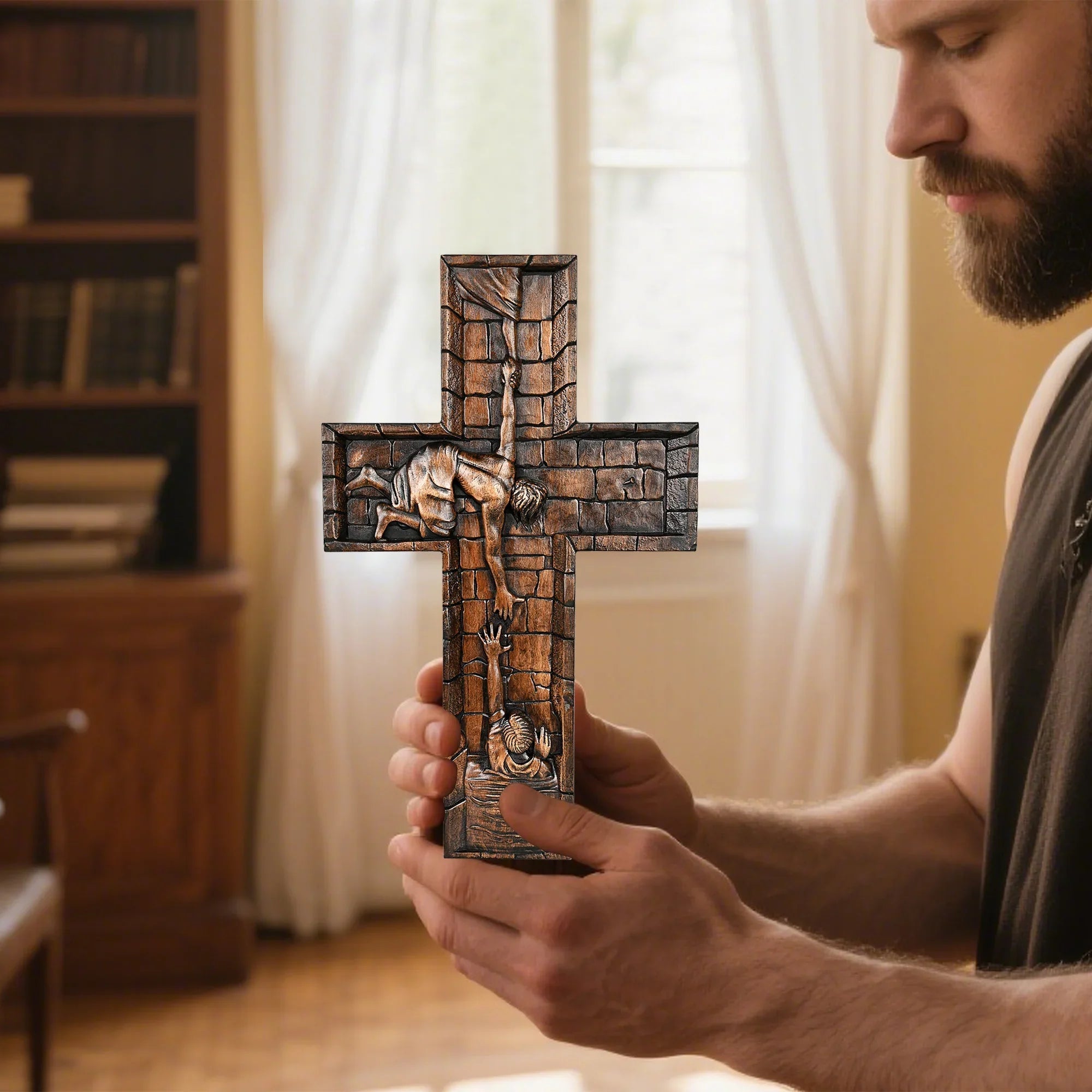 BGCOPPER Savior Jesus Cross - Carved from Natural Wood