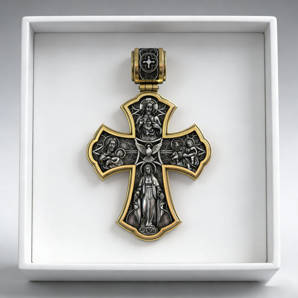 Holy Family of Mary Sacred Heart of Jesus IHS Double-Sided S925 Sterling Silver Cross
