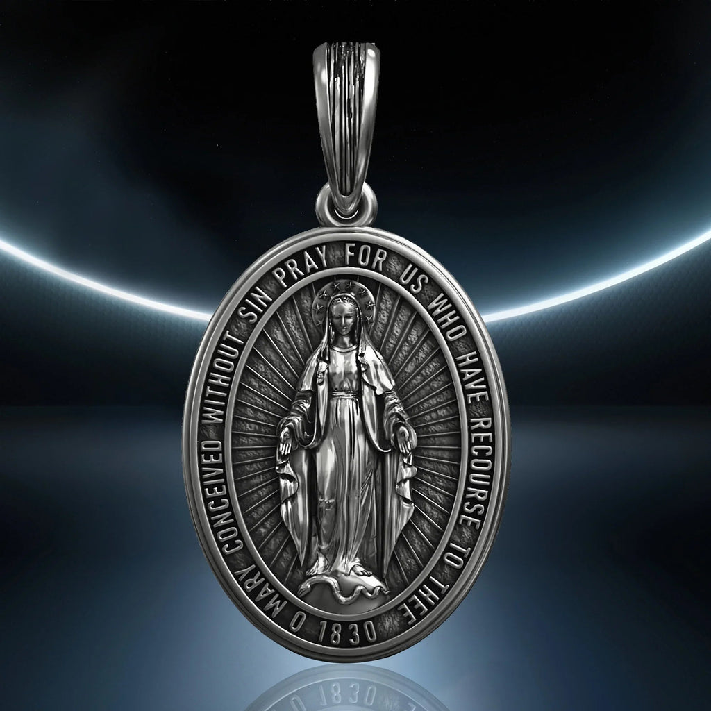S925K Silver Miracle Medal English Version Inscription Necklace