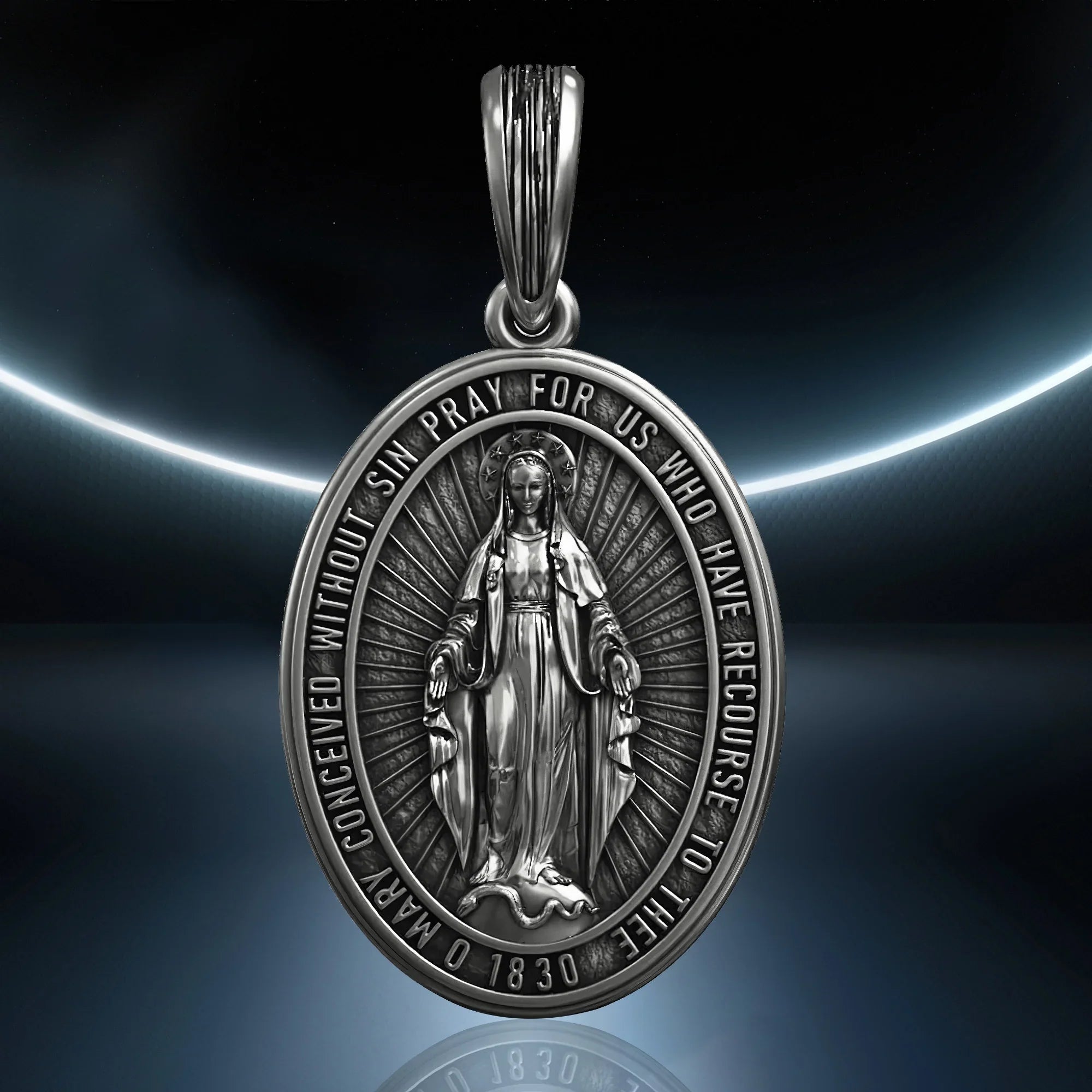 S925K Silver Miracle Medal English Version Inscription Necklace
